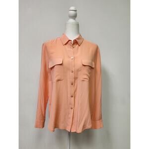 Magaschoni Ny Classic Double Pockets Silk Long Sleeve Shirt Basic Blouse Coral 8